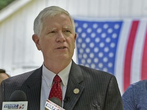 FILE - In this May 15, 2017, file photo, Alabama Congressman Mo Brooks announces his candidacy for the U.S. Senate in Huntsville, Ala. Brooks is in a heated Republican primary with incumbent Sen. Luther Strange and former state Chief Justice Roy Moore, who was twice removed from his duties after losing battles on gay marriage and the public display of the Ten Commandments. Voters are being asked to decide which brand of conservatism they prefer. (Bob Gathany/AL.com via AP, File)