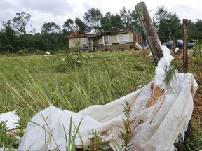 A severely damaged house is seen in Pickens County, Ala., after a tornado struck Thursday, Aug. 31, 2017. The tornado damaged several homes in northwest Alabama as the remnants of Hurricane Harvey came through the state. (Gary Cosby Jr./The Tuscaloosa News via AP)