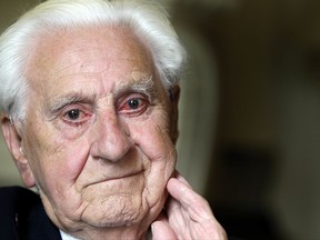 FILE - In this Thursday, Aug. 19, 2010 file photo, Ken Wilkinson an RAF veteran poses in London. Wilkinson, one of the last surviving Spitfire pilots who flew in the Battle of Britain, has died. He was 99. The Battle of Britain Memorial Trust says Wilkinson died Monday, July 31, 2017. (AP Photo/Kirsty Wigglesworth, File)