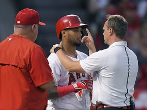 Los Angeles Angels' Martin Maldonado, center, is evaluated by a trainer as manager Mike Scioscia, left, stands by after Maldonado was hit on the head by a pitch during the second inning of a baseball game against the Oakland Athletics, Friday, Aug. 4, 2017, in Anaheim, Calif. Maldonado stayed in the game. (AP Photo/Mark J. Terrill)