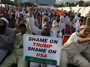 Supporters of the Pakistan Defense Council, an alliance of hardline Islamist religious leaders and politicians, chant slogans during an anti-U.S rally in Islamabad, Pakistan, Sunday, Aug. 27, 2017. Pakistan's political, religious and military leaders have rejected President Donald Trump's allegation that Islamabad is harboring militants who battle U.S. forces in Afghanistan. (AP Photo/Anjum Naveed)