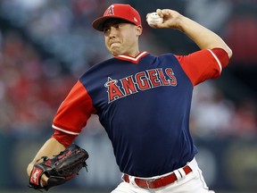 Los Angeles Angels starting pitcher Tyler Skaggs throws to the plate against the Houston Astros during the first inning of a baseball game in Anaheim, Calif., Saturday, Aug. 26, 2017. (AP Photo/Alex Gallardo)