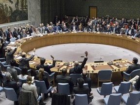 Members of the United Nations Security Council vote at the United Nations headquarters on Friday, Dec. 23, 2016, in favour of condemning Israel for its practice of establishing settlements in the West Bank and east Jerusalem.