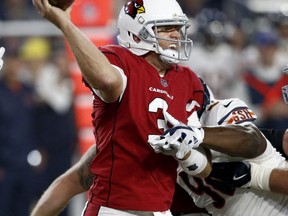 Arizona Cardinals quarterback Carson Palmer (3) throw under pressure against the Chicago Bears during the first half of a preseason NFL football game, Saturday, Aug. 19, 2017, in Glendale, Ariz. (AP Photo/Ross D. Franklin)