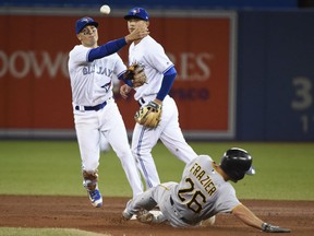 Blue Jays shortstop Ryan Goins forces out Pittsburgh Pirates' Adam Frazier and turns the double play during eighth inning action in Toronto on Friday night.