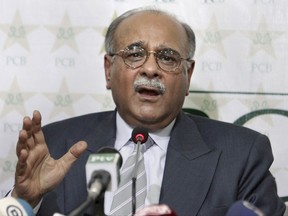 FILE - In this Friday, April 11, 2014, file photo, Najam Sethi of Pakistan Cricket Board addresses a news conference in Lahore, Pakistan. Najam Sethi has been elected Wednesday, as new chairman of the Pakistan Cricket Board for a three-year term. Sethi, 69, will replace Shaharyar Khan, who has resigned due to health and personal reasons after completing his tenure. (AP Photo/K.M. Chaudary, File)
