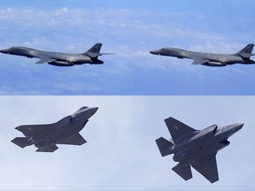 In this combination of file photos, top: U.S. Air Force B-1B Lancer bombers fly over Japan in July 2017; and two U.S. Air Force F-35 jets arrive at Hill Air Force Base in Utah in September 2015.