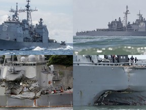 This combination of file photos show U.S. Navy ships the USS Antietam, top left; the USS Lake Champlain, top right; the USS Fitzgerald, bottom left; and the USS John S. McCain. The commander of U.S. naval operations has ordered a comprehensive review to get to root causes after the collision this week between a Navy destroyer and an oil tanker near Singapore. The crash on Aug. 21, 2017, is the latest "in a series of incidents in the Pacific theater," Adm. John Richardson said in a video statement. Navy ships have been in at least four accidents in the Pacific this year. (U.S. Navy via AP, AP Photos/File)