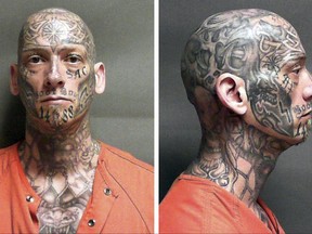 This pair of undated identification photos released by the U.S. Marshal's Office shows Eric Judkins, an inmate at a halfway house in Manchester, N.H., who failed to return to the facility Monday night, Aug. 28, 2017. Officials are seeking the public's help in finding the heavily tattooed escaped inmate, with designs covering his shaved head, face, neck, chest, arm and hands. (U.S. Marshal's Office via AP)