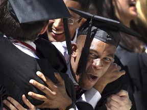FILE - In this May 24, 2012 file photo, Harvard University Arts and Sciences graduates react as degrees are conferred during commencement exercises on the school's campus in Cambridge, Mass. According to a report released Wednesday, Aug. 23, 2017, by the independent Massachusetts Budget and Policy Center, half of all workers in Massachusetts held a bachelor's degree or higher in 2016, marking the first time a U.S. state has reached that threshold. (AP Photo/Steven Senne File)