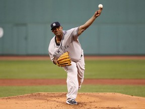 Boston Red Sox starting pitcher Eduardo Rodriguez delivers against the New York Yankees during the first inning of a baseball game at Fenway Park in Boston on Saturday, Aug. 19, 2017. (AP Photo/Winslow Townson)