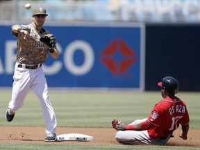 San Diego Padres shortstop Dusty Coleman, left, forces out Washington Nationals' Alejandro De Ava, right, then throws back to first to get Wilmer Difo for the double play during the first inning of a baseball game in San Diego, Sunday, Aug. 20, 2017. (AP Photo/Alex Gallardo)