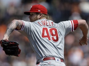 Philadelphia Phillies pitcher Ben Lively works against the San Francisco Giants in the first inning of a baseball game, Sunday, Aug. 20, 2017, in San Francisco. (AP Photo/Ben Margot)