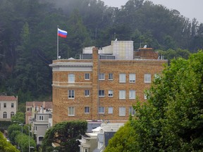 This Thursday, Aug. 10, 2017 photo shows the Consulate-General of Russia in San Francisco. The United States is retaliating against Russia by forcing closure of its consulate in San Francisco and scaling back its diplomatic presence in Washington and New York. The State Department says move is in response to the Kremlin forcing a cut in U.S. diplomatic staff in Moscow. (AP Photo/Eric Risberg)
