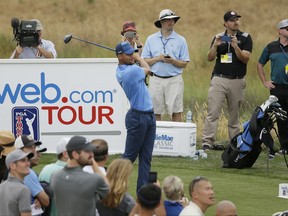 Golden State Warriors NBA basketball player Stephen Curry follows his drive from the ninth tee during the Web.com Tour's Ellie Mae Classic golf tournament Thursday, Aug. 3, 2017, in Hayward, Calif. Curry shot a 4-over-par 74. (AP Photo/Eric Risberg)