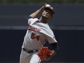 Minnesota Twins starting pitcher Ervin Santana works against a San Diego Padres batter during the first inning 102of a baseball game Wednesday, Aug. 2, 2017, in San Diego. (AP Photo/Gregory Bull)