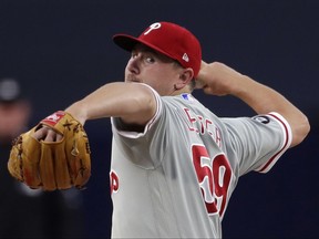 Philadelphia Phillies starting pitcher Mark Leiter Jr. works against a San Diego Padres batter during the first inning of a baseball game Tuesday, Aug. 15, 2017, in San Diego. (AP Photo/Gregory Bull)