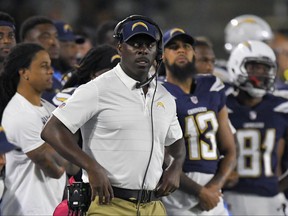 Los Angeles Chargers coach Anthony Lynn watches from the sideline during the second half of the team's NFL preseason football game against the Seattle Seahawks on Sunday, Aug. 13, 2017, in Carson, Calif. (AP Photo/Mark J. Terrill)