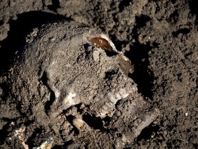 FILE- This file image released by the the Mass Graves Directorate of the Kurdish Regional Government shows a human skull in a mass grave containing Yazidis killed by Islamic State militants in the Sinjar region of northern Iraq in May, 2015. Iraqi military investigators said Friday, Aug. 25, 2017 they have discovered two mass graves near a former Islamic State group prison near Mosul containing the bodies of 500 IS victims. (Kurdish Mass Graves Directorate via AP)