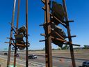 The Bowfort Towers public art installation at the Trans Canada Highway and Bowfort Road interchange was photographed on Thursday August 3, 2017. 