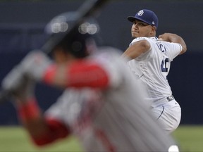 San Diego Padres starting pitcher Jhoulys Chacin delivers a pitch to a Washington Nationals batter during the first inning of a baseball game, Thursday, Aug. 17, 2017, in San Diego. (AP Photo/Orlando Ramirez)