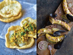 Trinidadian doubles, left, and steamed plantains with sauce chien