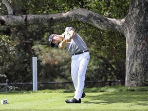 Joaquin Niemann, of Chile, tees off on the second hole in the second round of the USGA U.S. Amateur golf championship at Bel Air Country Club in Los Angeles, Tuesday, Aug. 15, 2017. (AP Photo/Reed Saxon)