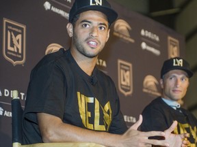 Los Angeles FC introduces Carlos Vela, of Mexico, as the first designated player in LAFC history at an MLS soccer news conference in Los Angeles, Friday, Aug. 11, 2017. (Walt Mancini/Los Angeles Daily News via AP)