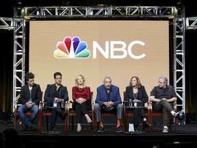 CORRECTS DATE TO AUG 3 - Gus Halper, from left, Miles Gaston Villanueva, Edie Falco, Dick Wolf, Lesli, Linka Glatter and Rene Balcer participate in the "Law & Order True Crime: The Menendez Murders" panel during the NBC Television Critics Association Summer Press Tour at The Beverly Hilton hotel on Thursday, Aug. 3, 2017, in Beverly Hills, Calif. (Photo by Willy Sanjuan/Invision/AP)