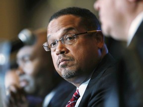 CORRECTS TO REMOVE REFERENCE THAT ELLISON REPRESENTS BLOOMINGTON - FILE - In this Dec. 2, 2016, file photo, U.S. Rep. Keith Ellison, D-Minn., listens during a forum on the future of the Democratic Party in Denver. Ellison issued a statement Wednesday, Aug. 9, 2017, through the national party calling it "an outrage" that President Donald Trump hasn't condemned the bombing of a Bloomington mosque on Saturday, Aug. 5. Ellison is the nation's first Muslim elected to Congress. (AP Photo/David Zalubowski, File)