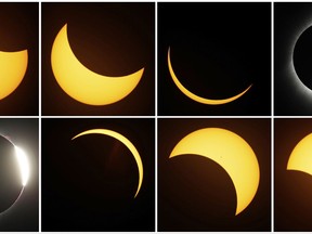 This eight picture combo shows the path of the sun during a total eclipse by the moon Monday, Aug. 21, 2017, near Redmond, Ore. (AP Photo/Ted S. Warren)