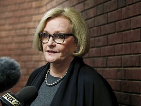 FILE - In this April 12, 2017, file photo, U.S. Sen. Claire McCaskill, D-Mo., speaks to the media following a town hall meeting in Hillsboro, Mo. McCaskill during the August Senate break is holding town halls in dozens of small towns and cities. She is one of 10 Senate Democrats up for re-election in states won by President Donald Trump, and political scientists say she'll need rural support to win. (AP Photo/Jeff Roberson, File)