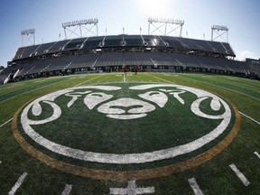 The school logo of Cam the Ram is shown on the field before Colorado State hosts Oregon State in Colorado State's new, on-campus stadium in the first half of an NCAA college football game Saturday, Aug. 26, 2017, in Fort Collins, Colo. (AP Photo/David Zalubowski)