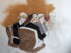 In this courtroom sketch, pop singer Taylor Swift, left, appears with her lawyer and mother in federal court Tuesday, Aug. 8, 2017, in Denver. Swift alleges that radio host David Mueller touched her during a concert meet-and-greet in 2013. The case went to court after Mueller sued Swift, claiming her false accusation cost him his job. He is seeking at least $3 million in damages. Swift countersued, claiming sexual assault.