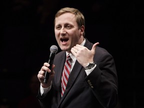 Brad Trost speaks during the Conservative leadership debate at the Maclab Theatre in Edmonton, Alta., on Tuesday, Feb. 28, 2017