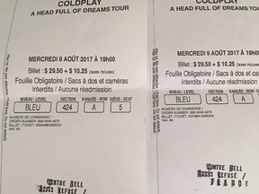 Two fake tickets to a Coldplay concert are shown in Montreal on Thursday, August 10, 2017 in this handout photo. Many Coldplay fans in Montreal were turned away from a show on Wednesday night, the victims of an apparent fake ticket scam. Montreal police say they received 17 complaints last night at a downtown police station near the Bell Centre. THE CANADIAN PRESS/HO - Eva Romano *MANDATORY CREDIT*