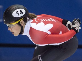 Valerie Maltais rounds the track during a short track speed skating practice in Montreal, Wednesday, January 11, 2017. Maltais fell on Wednesday during the semifinal round of the second 500-metre event at Canada's 2018 short-track speedskating team Olympic selection competition and is experiencing moderate symptoms due to a concussion. THE CANADIAN PRESS/Paul Chiasson
