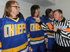In this Sept. 26, 2011 file photo, the “Hanson Brothers” â from left, Dave Hanson, Steve Carlson and Geoff Carlson â are shown with former NHL referee Kerry Fraser.