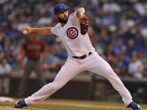 Chicago Cubs starter Jake Arrieta delivers during the first inning of a baseball game against the Arizona Diamondbacks Wednesday, Aug. 2, 2017, in Chicago. (AP Photo/Paul Beaty)