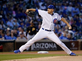 Chicago Cubs starting pitcher Mike Montgomery delivers during the first inning of a baseball game against the Pittsburgh Pirates, Monday, Aug. 28, 2017, in Chicago. (AP Photo/Charles Rex Arbogast)