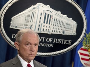 Attorney General Jeff Sessions attends a news conference at the Justice Department in Washington, Friday, Aug. 4, 2017.  Sessions has warned of a crackdown on marijuana. But documents obtained by The Associated Press show he's getting no fresh avenues from a special task force formed to find the best strategy.  (AP Andrew Harnik)