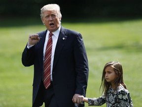 President Donald Trump gestures to the media as he walks with his granddaughter Arabella Kushner on the South Lawn from Oval Office of the White House Washington, Friday, Aug. 25, 2017, to Marine One en route to Camp David, Md. (AP Photo/Carolyn Kaster)