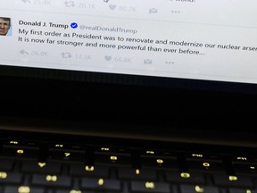 President Donald Trump's tweet about modernizing the U.S. nuclear arsenal is photographed in Washington, Wednesday, Aug. 9, 2017. Trump's tweet that America's nuclear arsenal is "now stronger and more powerful than ever before" is debatable. His claim of the credit is entirely unwarranted. While the U.S. has daunting nuclear power, the Pentagon's program has been beset with morale, training, discipline and resource problems. And the modernization effort that started under President Barack Obama hasn't been altered by the Trump administration. (AP Photo/J. David Ake)