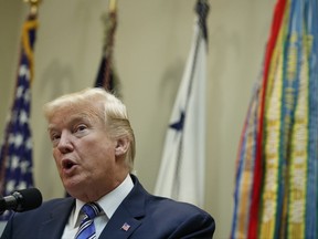 President Donald Trump speaks in the Roosevelt Room of the White House in Washington, Thursday, Aug. 3, 2017, during a Veterans Affairs Department "telehealth" event. (AP Photo/Evan Vucci)
