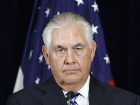 Secretary of State Rex Tillerson listens to a question during a news conference with Japanese Defense Minister Itsunori Onodera, Thursday, Aug. 17, 2017, at the State Department in Washington. (AP Photo/Jacquelyn Martin)