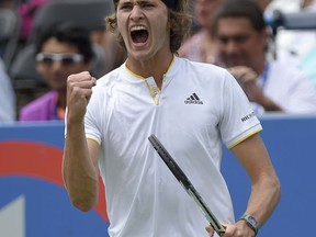 Alexander Zverev, of Germany, reacts during the finals of the Citi Open tennis tournament against Kevin Anderson, of South Africa, Sunday, Aug. 6, 2017, in Washington. Zverev won 6-4, 6-4. (AP Photo/Nick Wass)