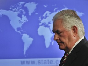 Secretary of State Rex Tillerson leaves after speaking at the State Department in Washington, Tuesday, Aug. 22, 2017, to discuss Afghanistan. (AP Photo/Pablo Martinez Monsivais)