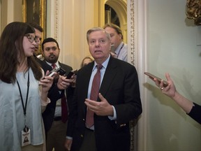 Sen. Lindsey Graham, R-S.C., chairman of the Senate Judiciary Subcommittee on Crime and Terrorism, arrives on Capitol Hill Washington, Tuesday, Aug. 1, 2017, at the Senate as work continues after the Republican health care bill collapsed last week due to opposition within the GOP ranks. The Senate delayed the start of the traditional summer recess until the third week of August to catch up on uncompleted work. (AP Photo/J. Scott Applewhite)