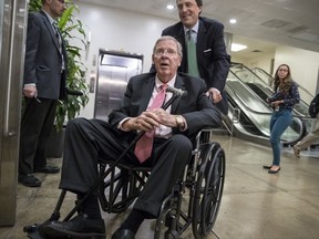 Senate Foreign Relations Committee member Sen. Johnny Isakson, R-Ga., and other members of the committee, arrive on Capitol Hill Washington, Wednesday, Aug. 2, 2017, for a closed-door meeting with Secretary of State Rex Tillerson and Defense Secretary James Mattis. Earlier, President Donald Trump signed a bill to impose new sanctions on Russia which passed Congress with overwhelming support. (AP Photo/J. Scott Applewhite)