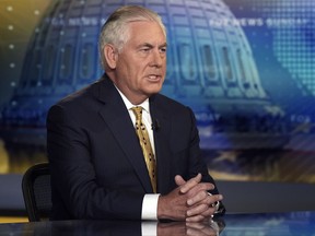 Secretary of State Rex Tillerson speaks during a television interview with Chris Wallace, the anchor of FOX News Sunday, in Washington, Sunday, Aug. 27, 2017.